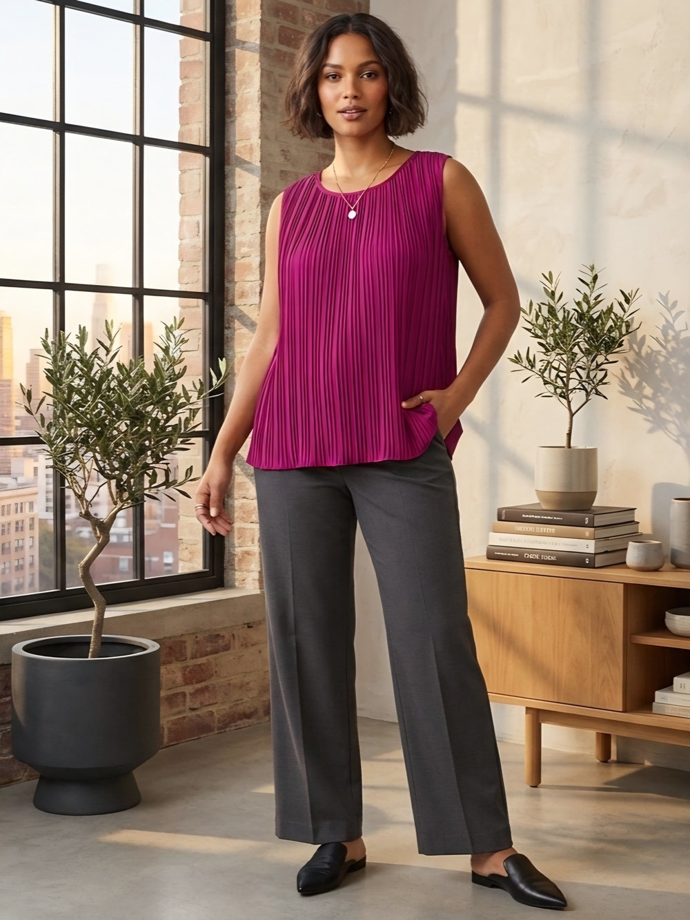 Liverpool Dark Currant Magenta Micro Pleat Crew Neck Tank Blouse Sz L